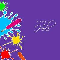 content Holi fête affiche conception avec autocollant style l'eau pistolets et Couleur éclaboussure effet sur violet Contexte. vecteur