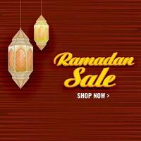 Ramadan vente affiche conception avec arabe lanternes pendre sur rouge horizontal lignes Contexte. vecteur