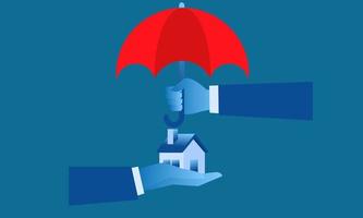 Illustration d'assurance simple protection de la maison grande main tenant un parapluie rouge pour protéger la petite maison vecteur