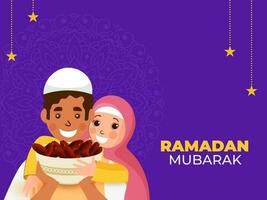 Ramadan mubarak concept avec de bonne humeur islamique Jeune garçon et fille en portant bol plein de Rendez-vous sur violet mandala Contexte. vecteur