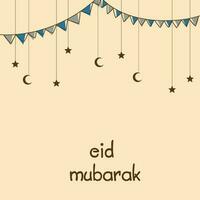 eid mubarak salutation carte décoré avec pendaison étoiles, croissant lune et bruant drapeaux sur pêche Contexte. vecteur