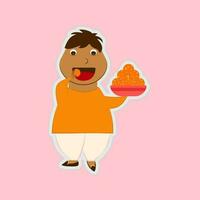 dessin animé autocollant de Indien Jeune gras homme en mangeant laddu de bonbons Balle assiette plus de rose Contexte. vecteur