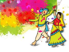 Indien Festival de couleurs, content Holi concept avec Indien couple dans traditionnel tenue et coloré grunge Contexte. vecteur