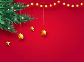 sapin feuilles avec d'or boules, étoiles, éclairage guirlande décoré sur rouge Contexte et espace pour votre message, joyeux Noël concept. vecteur