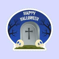 content Halloween Police de caractère avec pierre tombale, crânes et nu des arbres dans autocollant style sur bleu Contexte. vecteur