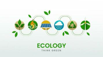 écologie pense vert bannière conception avec plantation, vélo, solaire panneau, pluvieux nuage, recyclage, Moulin à vent sur blanc Contexte. vecteur