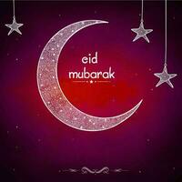 eid mubarak Police de caractère avec croissant lune, étoiles décoré sur rouge et violet Contexte. vecteur