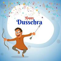 content dussehra fête concept avec de bonne humeur garçon en portant La Flèche de arc, banderoles sur blanc et bleu Contexte. vecteur