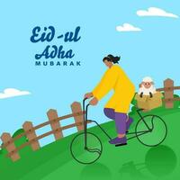 Aïd al-Adha mubarak concept, femme équitation vélo avec dessin animé mouton sur bleu et vert la nature Contexte. vecteur