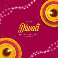 content diwali salutation carte avec Haut vue de allumé pétrole les lampes et éclairage guirlande décoré sur rose Contexte. vecteur