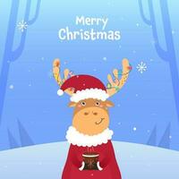 joyeux Noël fête affiche conception avec dessin animé renne portant Père Noël chapeau et profiter chaud boisson sur chute de neige Contexte. vecteur