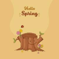 Bonjour printemps affiche conception avec smiley arbre souche, fleurs et coccinelle sur Orange Contexte. vecteur