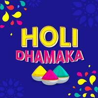 Indien Festival de couleurs, content Holi concept, élégant texte Holi explosion avec sec couleurs des pots contre bleu Couleur Contexte. vecteur