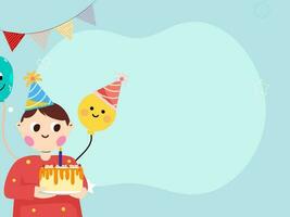 anniversaire concept avec mignonne garçon personnage, gâteau, étoiles et smiley des ballons. vecteur