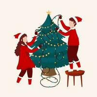Jeune les enfants décoré Noël arbre par éclairage guirlande, joyeux Noël fête concept. vecteur