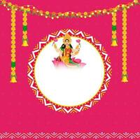 richesse déesse lakshmi avec vide circulaire cadre, éclairage et floral guirlande sur rose Contexte. vecteur