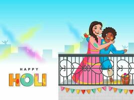 de bonne humeur Indien garçon et fille en jouant couleurs ensemble à balcon sur le occasion de Holi fête. vecteur
