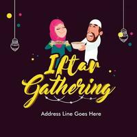 iftar rassemblement affiche ou invitation carte avec de bonne humeur islamique couple en portant délicieux nourriture sur violet Contexte. vecteur
