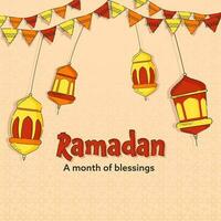 Ramadan Festival affiche conception avec arabe lanternes pendre et bruant drapeaux sur pastel Orange islamique modèle Contexte. vecteur