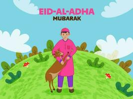 eid Al adha mubarak concept, islamique Jeune garçon en jouant avec chèvre sur bleu et vert Naturel Contexte. vecteur