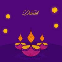 content diwali fête concept avec magnifique illuminé pétrole allumé les lampes et lanternes sur violet Contexte. vecteur