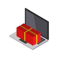 acheter un cadeau en ligne sur un ordinateur portable isométrique vecteur