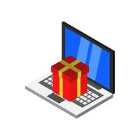 acheter un cadeau en ligne sur un ordinateur portable isométrique vecteur
