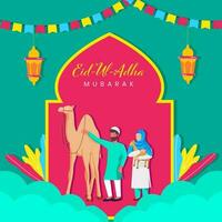 eid-ul-adha mubarak affiche conception avec dessin animé islamique couple en portant chèvre, chameau sur rose et vert Contexte. vecteur