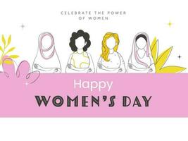 content aux femmes journée concept avec la diversité femelle groupe dans griffonnage style sur rose et blanc Contexte. vecteur