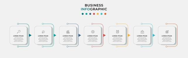 Le vecteur de conception infographie et les icônes de marketing peuvent être utilisés pour la mise en page du flux de travail, le diagramme, le rapport annuel, la conception de sites Web. concept d'entreprise avec 7 options, étapes ou processus.