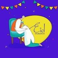 vecteur illustration de islamique Jeune homme étreindre le sien père séance à chaise sur Jaune et violet Contexte pour eid mubarak concept.