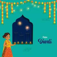 Indien lumière festival, content diwali fête avec Jeune Indien fille décorer les fenêtres avec réaliste pétrole allumé les lampes, mérigor guirlandes et feux d'artifice sur bleu ciel Contexte. vecteur