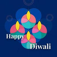 Indien lumière festival, content diwali fête avec coloré géométrique cercles pétrole allumé les lampes, feux d'artifice sur bleu Contexte. vecteur