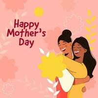 content de la mère journée concept avec de bonne humeur Jeune maman étreindre sa fille sur lumière rouge floral Contexte. vecteur