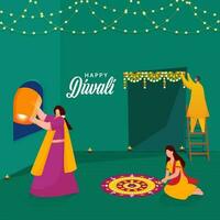 Indien gens célébrer ou profiter Festival de diwali contre sarcelle vert Contexte. vecteur