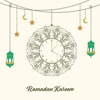 Ramadan kareem concept avec griffonnage style mandala l'horloge accrocher, arabe lanternes, étoiles, croissant lune sur beige Contexte. vecteur