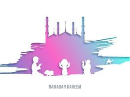 Ramadan kareem concept avec papier Couper islamique gens prier, Créatif pente mosquée sur blanc Contexte. vecteur