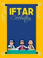 iftar fête prospectus conception avec islamique Hommes profiter délicieux nourriture sur bleu et Orange Contexte. vecteur