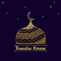 d'or Ramadan kareem Police de caractère avec mosquée dôme et étoiles décoré sur violet Contexte. vecteur