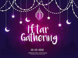 iftar rassemblement affiche ou invitation carte décoré avec islamique ornements sur bleu et rose lumière effet Contexte. vecteur