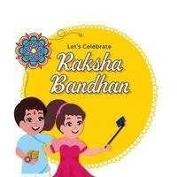 nous allons célébrer raksha bandhan salutation carte, de bonne humeur fille prise selfie avec sa frère sur Jaune et blanc Contexte. vecteur
