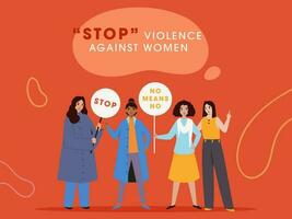 Arrêtez la violence contre femmes concept basé affiche conception avec groupe de manifestant les filles en portant placard sur Orange Contexte. vecteur