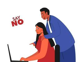 dessin animé homme émouvant femme épaule à lieu de travail, sexuel harcèlement dans Bureau concept. vecteur