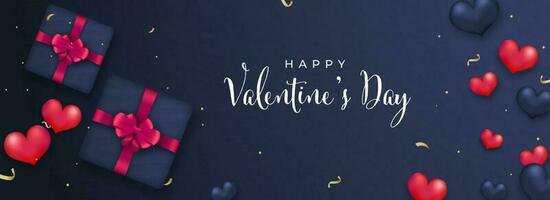 content la Saint-Valentin journée Police de caractère avec Haut vue de 3d cadeau des boites et brillant cœur des ballons sur bleu Contexte. vecteur