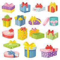 dessin animé cadeau des boites, enveloppé présent paquets avec arcs. coloré présente dans divers formes pour anniversaire ou Noël fête vecteur ensemble