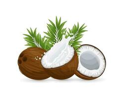 noix de coco et tranché noix de coco avec une éclaboussure de Lait sur une blanc Contexte avec paume feuilles. illustration, vecteur