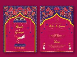 Indien mariage invitation modèle disposition avec un événement détails dans rose et bleu couleur. vecteur