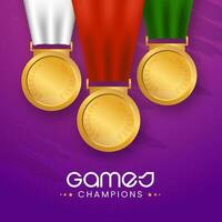 Jeux champion concept avec Trois Couleur médailles sur violet Contexte. vecteur