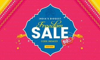l'Inde le plus gros liberté vente bannière conception avec remise étiqueter, fleurs chute de femelle main sur rose et bleu Contexte. vecteur