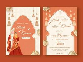 mariage invitation modèle disposition avec Indien couple image dans blanc et Orange couleur. vecteur